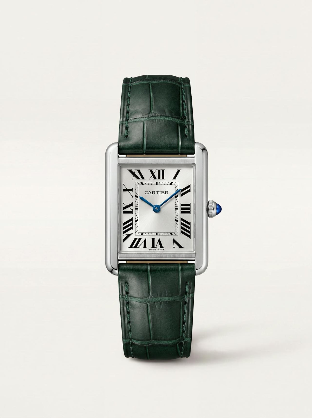 green square alligator-grain leather strap on a Cartier Tank Solo Small, 17.5mm, front view