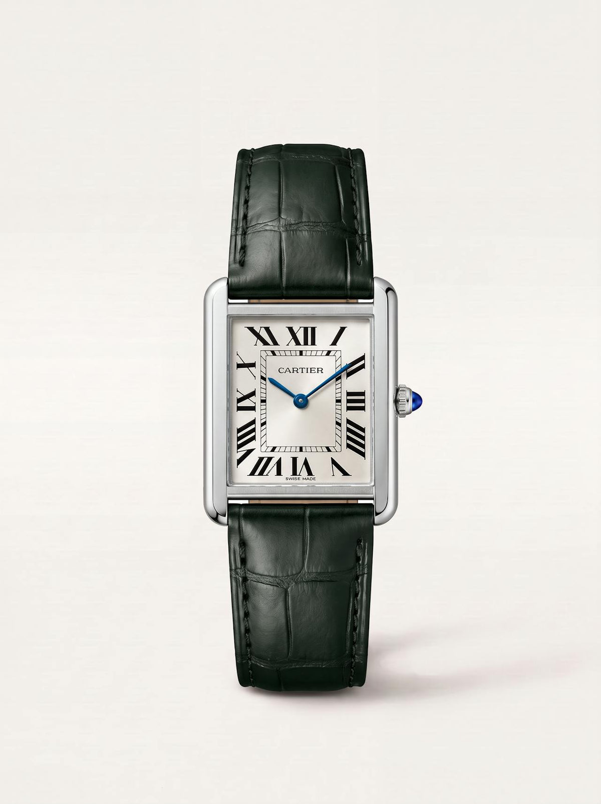 Green square alligator-grain leather strap on a Cartier Tank Française, 18mm, front view