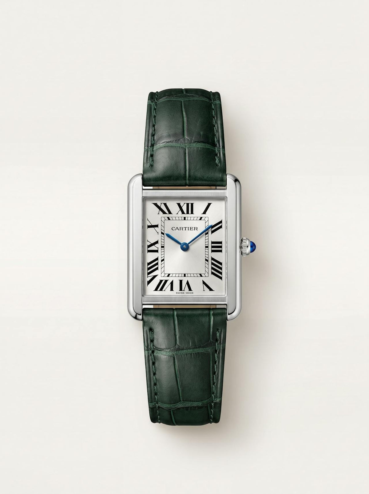 green square alligator-grain leather strap on a Cartier Tank Solo Large, 20mm, front view