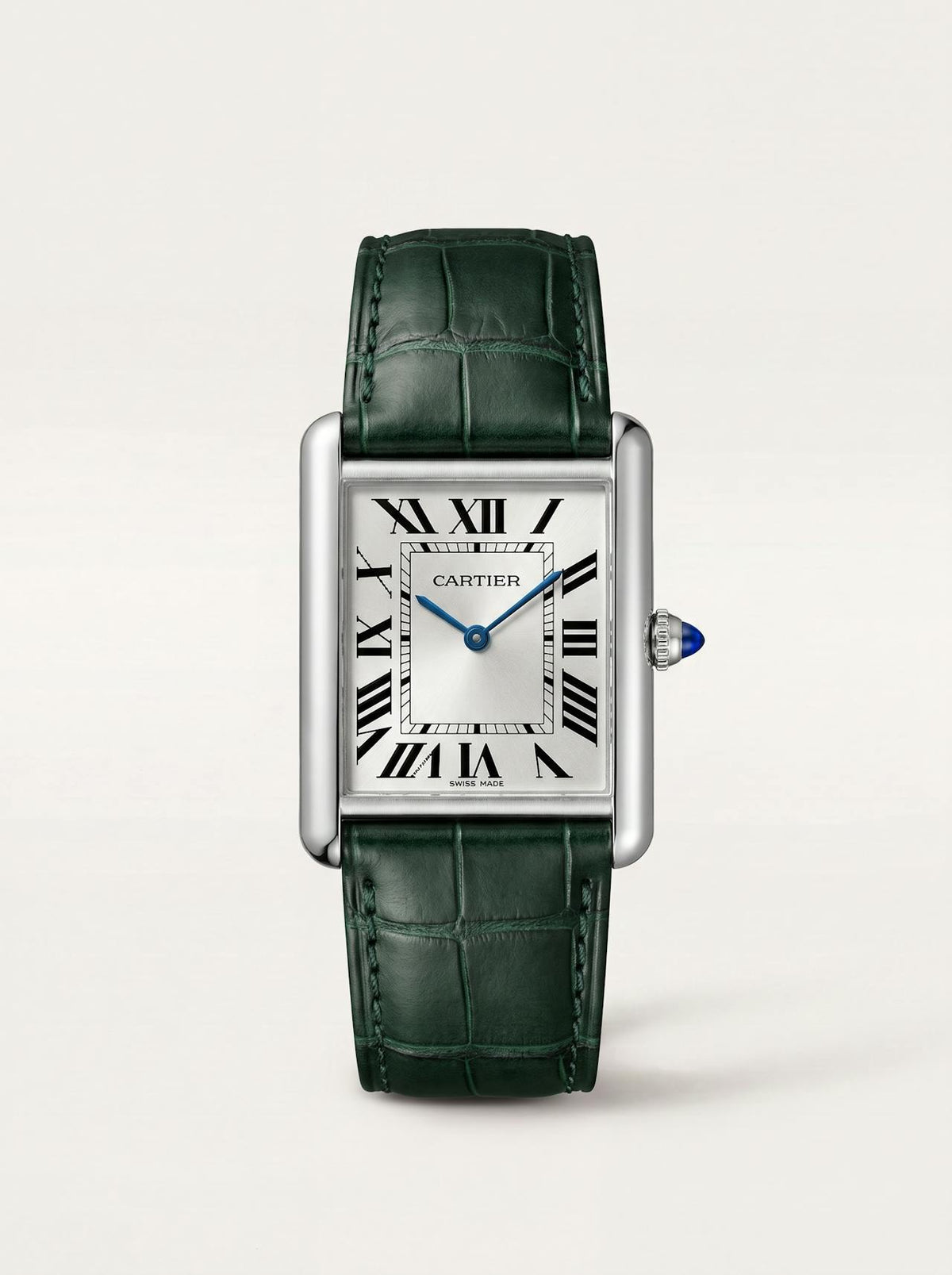 green square alligator-grain leather strap on a Cartier Tank Must Extra-Large, 23mm, front view