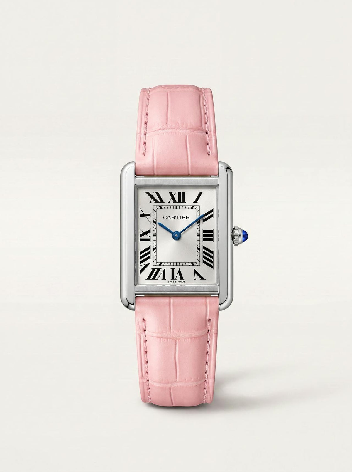 pink square alligator-grain leather strap on a Cartier Tank Solo Small, 17.5mm, front view