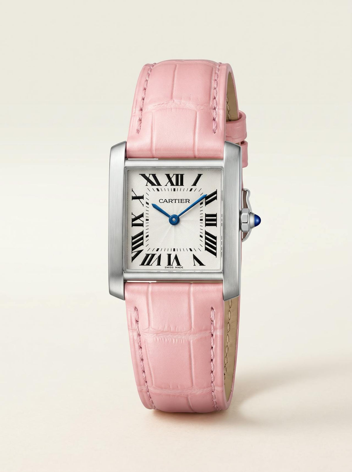 Pink square alligator-grain leather strap on a Cartier Tank Française, 18mm, front view