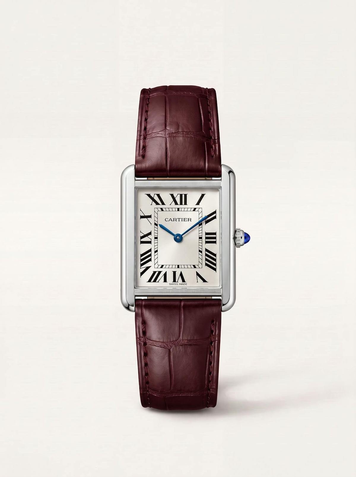red square alligator-grain leather strap on a Cartier Tank Must Small, 16mm, front view