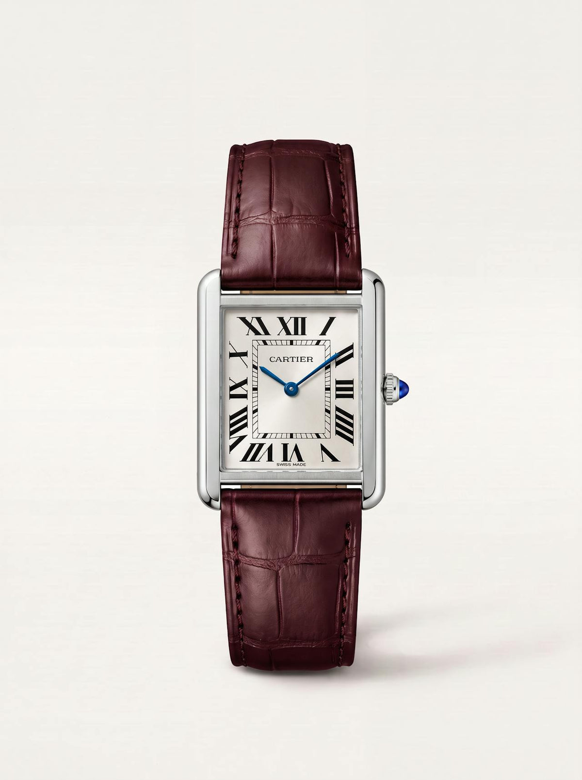 Red square alligator-grain leather strap on a Cartier Tank Française, 18mm, front view