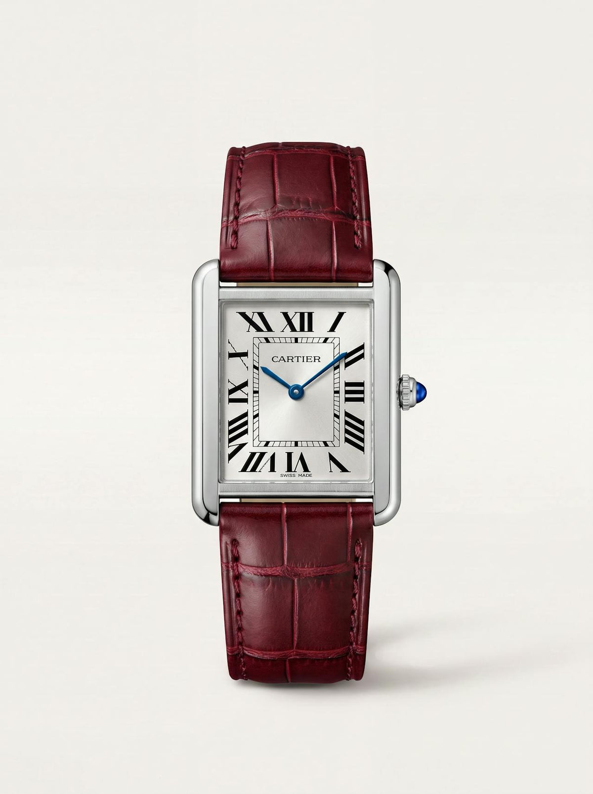 red square alligator-grain leather strap on a Cartier Tank Solo Large, 20mm, front view