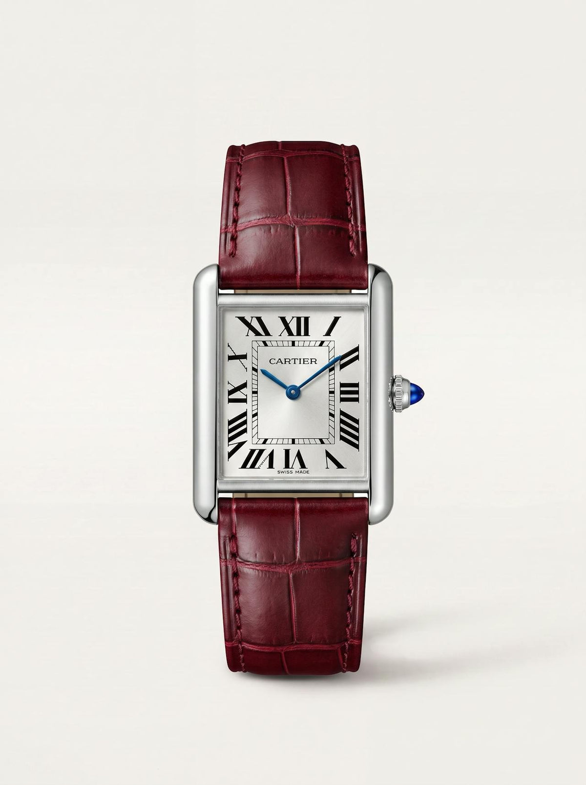 red square alligator-grain leather strap on a Cartier Tank Must Extra-Large, 23mm, front view