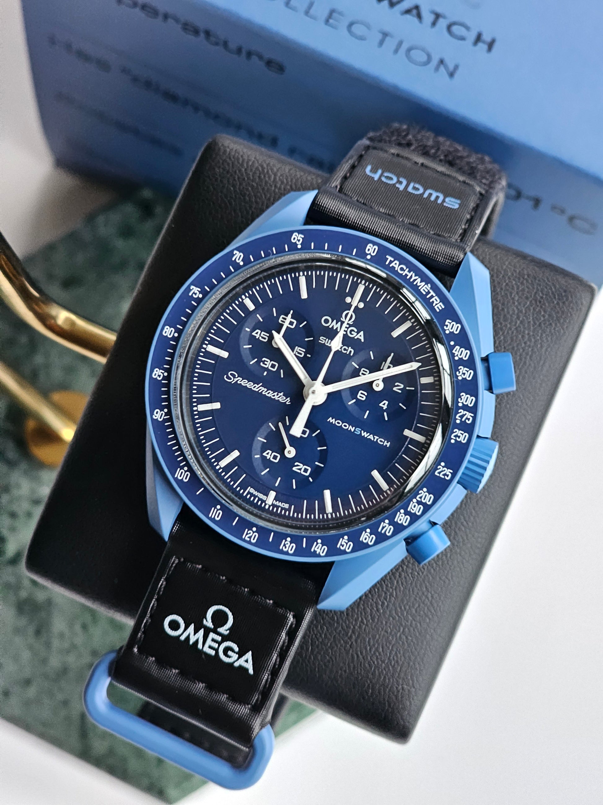 Blue Colour swatch x Omega Mission to Neptune Swatch Watch. Model number SO33N100