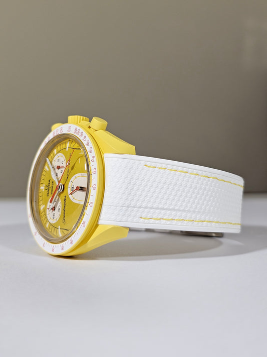 Rubber Curved Strap for Omega x Swatch MoonSwatch – Mission to the Sun – White with Yellow Stitch