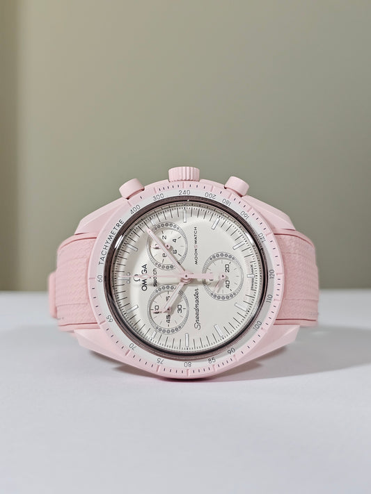 Rubber Curved Strap for Omega x Swatch MoonSwatch – Mission to Venus – Pink with White Stitch