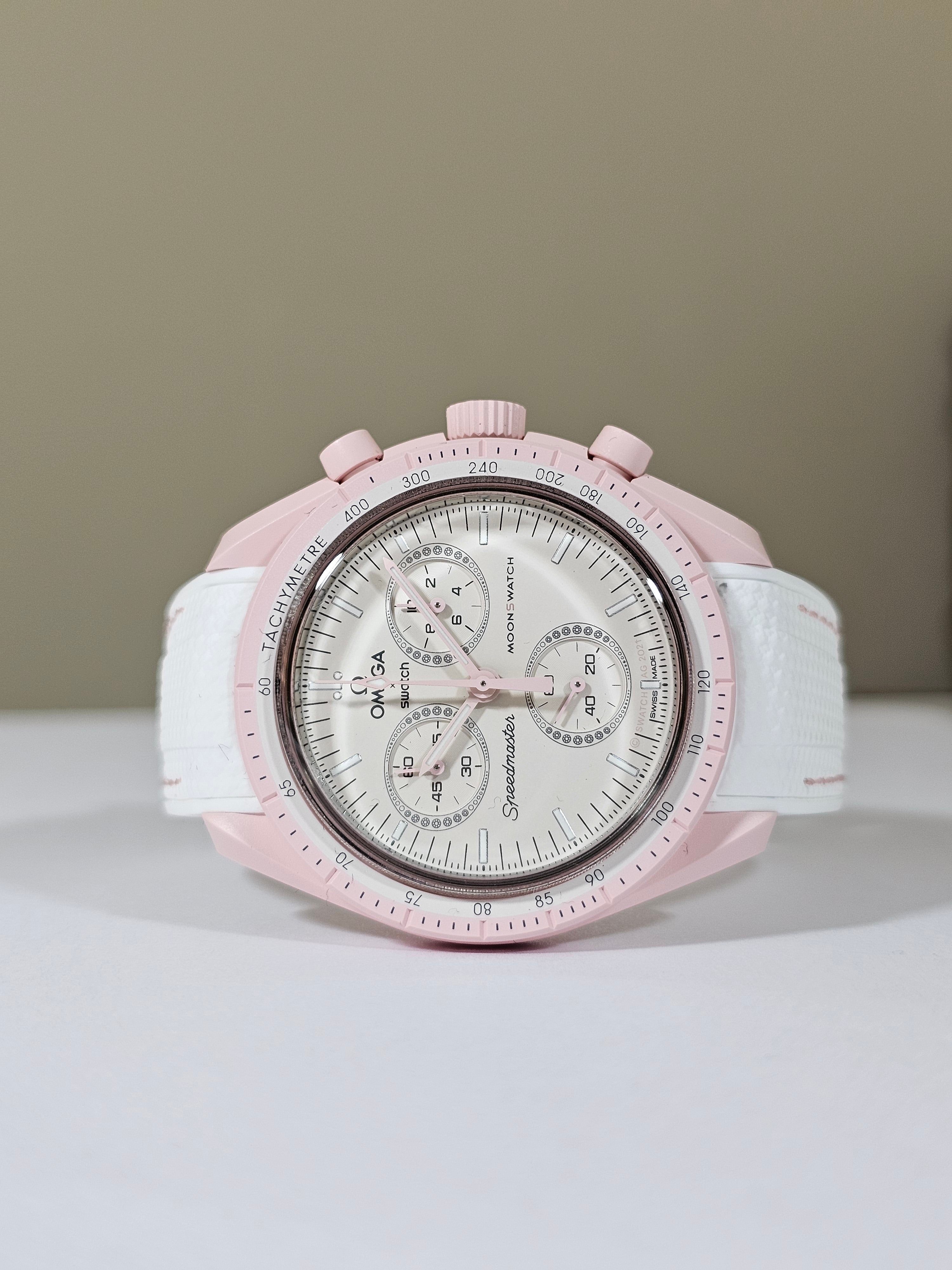 MoonSwatch Venus Rubber Woven Strap — White with Pink Stitch – MGB