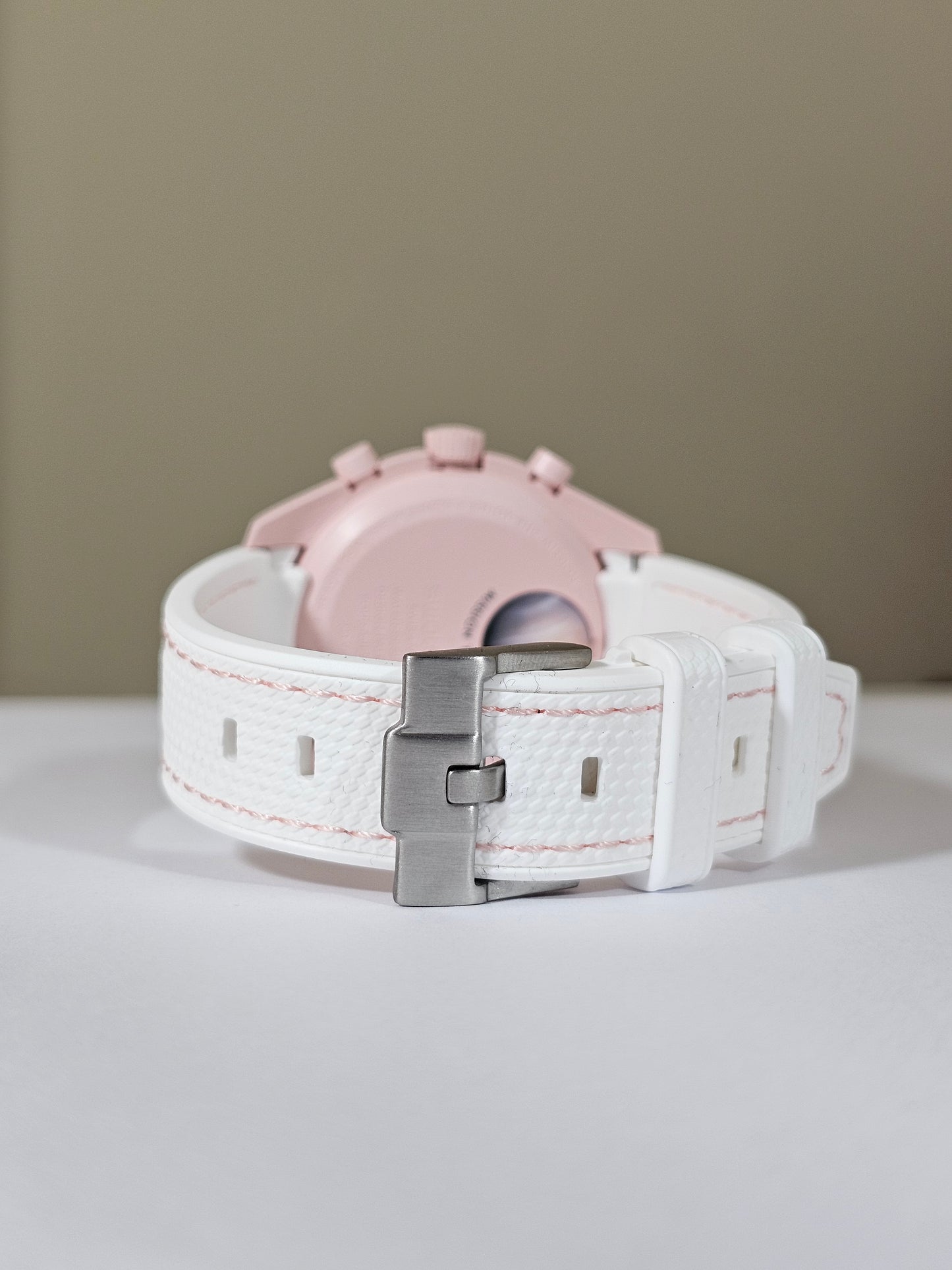 MoonSwatch Venus Rubber Woven Strap — White with Pink Stitch