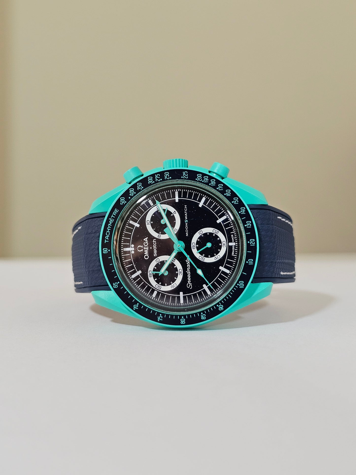 Rubber Curved Strap for Omega x Swatch MoonSwatch – Mission on Earth – Navy with White Stitch