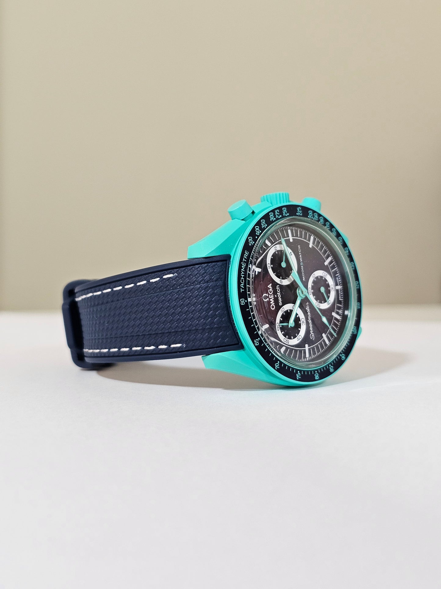 Rubber Curved Strap for Omega x Swatch MoonSwatch – Mission on Earth – Navy with White Stitch