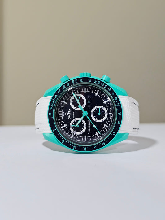 Rubber Curved Strap for Omega x Swatch MoonSwatch – Mission on Earth: Polar Lights – White with Black Stitch