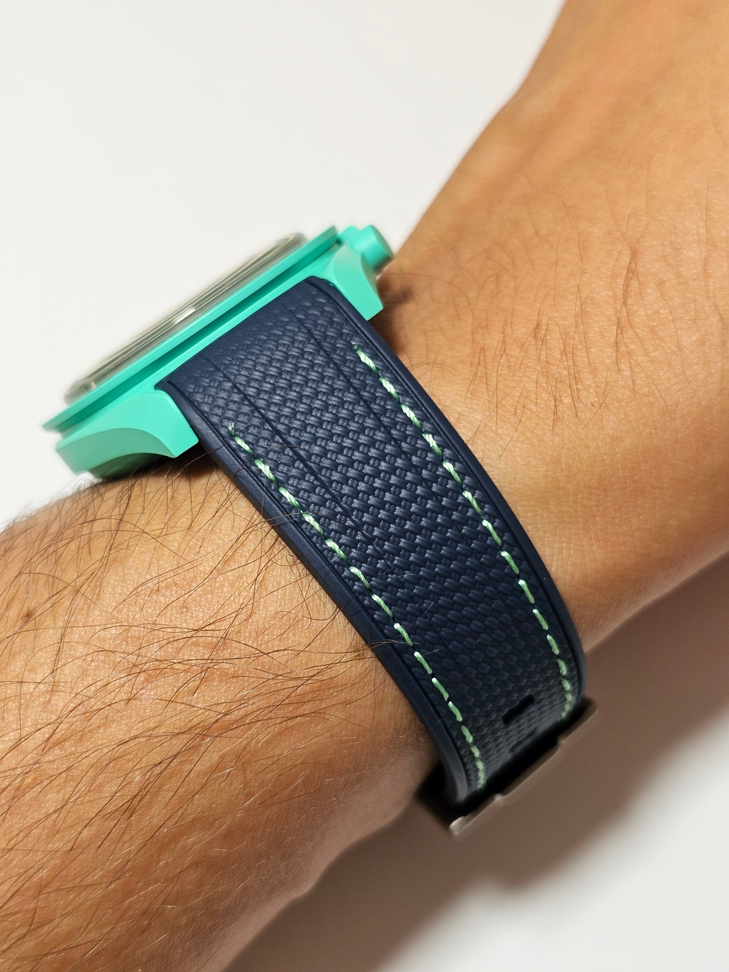MoonSwatch Polar Lights Rubber Woven Strap — Navy with Green Stitch