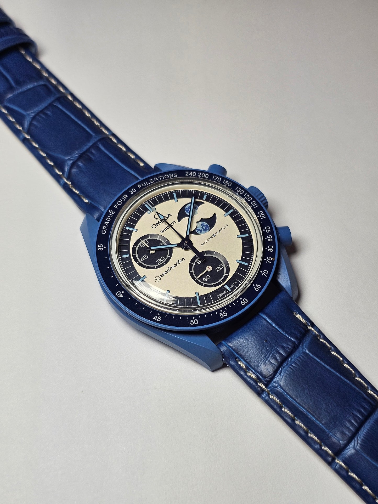 Omega X Swatch Super Blue Moon MoonSwatch Strap: Stitched Embossed Alligator - Blue