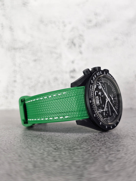 Rubber Curved Strap for Omega x Swatch MoonSwatch – Mission to the MoonPhase – Green with White Stitch