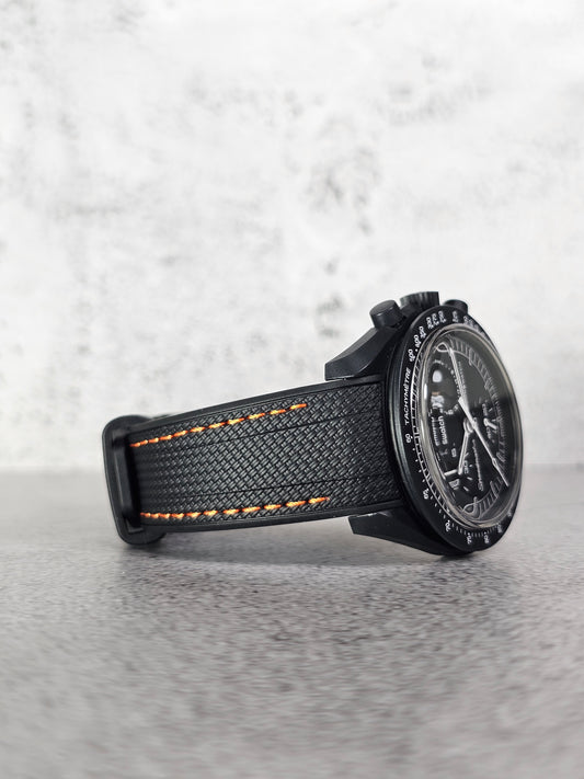 Rubber Curved Strap for Omega x Swatch MoonSwatch – Mission to MoonPhase – Black with Orange Stitch