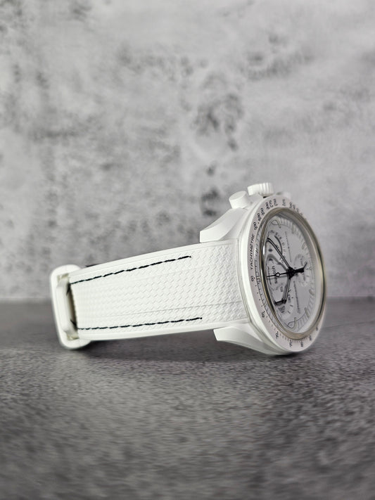 Rubber Curved Strap for Omega x Swatch MoonSwatch – Mission to the MoonPhase – White with Black Stitch