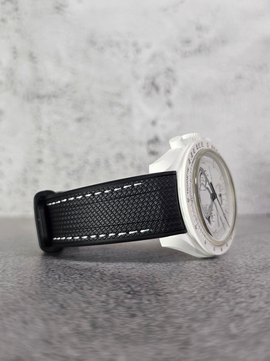 Rubber Curved Strap for Omega x Swatch MoonSwatch – Mission to the MoonPhase – Black with White Stitch