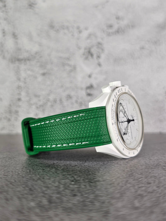 Rubber Curved Strap for Omega x Swatch MoonSwatch – Mission to the MoonPhase – Green with White Stitch