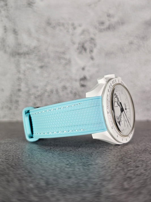 Rubber Curved Strap for Omega x Swatch MoonSwatch – Mission to the MoonPhase – Tiffany Blue with White Stitch