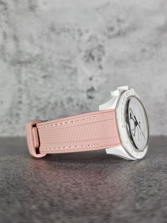 Rubber Curved Strap for Omega x Swatch MoonSwatch – Mission to the MoonPhase – Pink with White Stitch