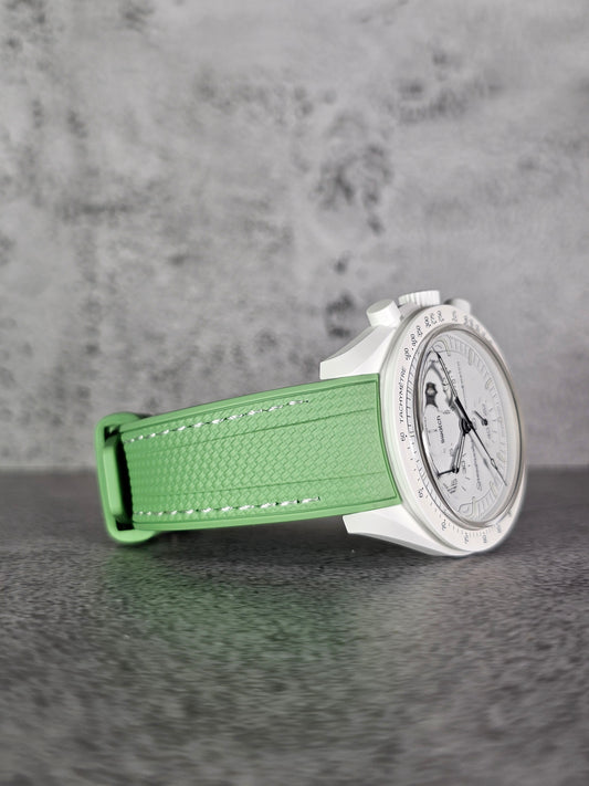 Rubber Curved Strap for Omega x Swatch MoonSwatch – Mission to the MoonPhase – Sage with White Stitch