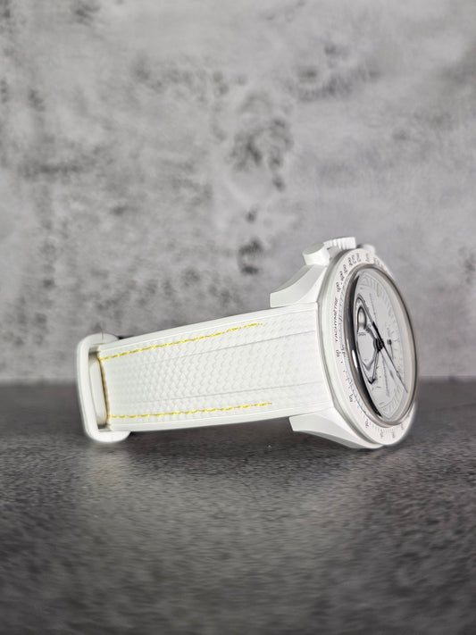 Rubber Curved Strap for Omega x Swatch MoonSwatch – Mission to the MoonPhase – White with Yellow Stitch