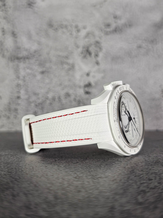 Rubber Curved Strap for Omega x Swatch MoonSwatch – Mission to the MoonPhase – White with Red Stitch