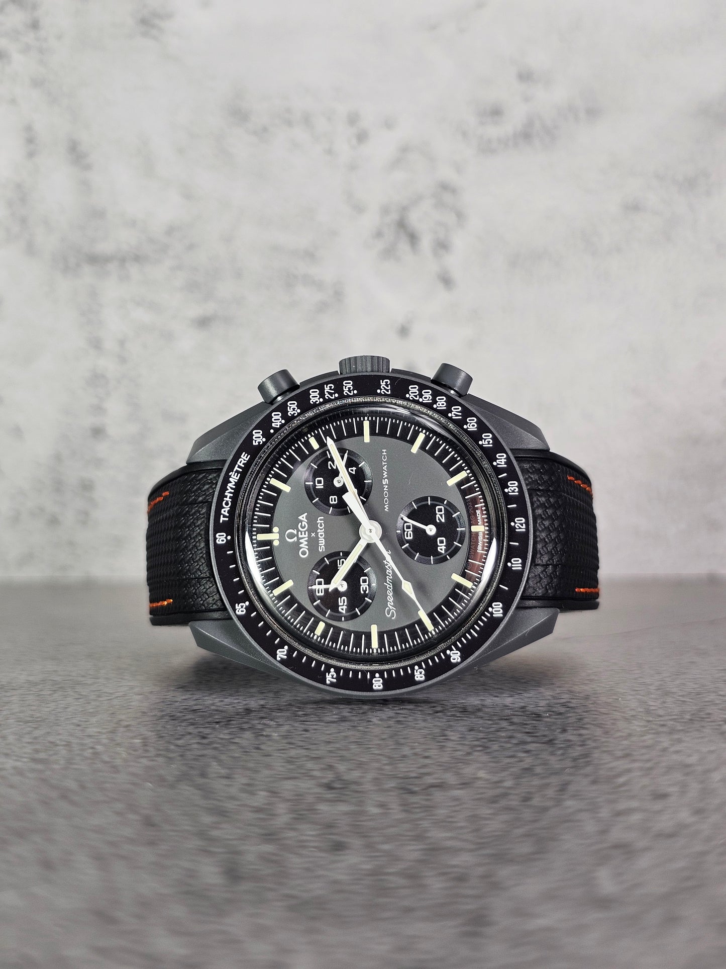 Omega X Swatch MoonSwatch Mercury Strap: Stitched Rubber Woven - Black & Orange