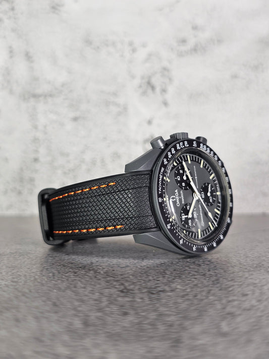 Rubber Curved Strap for Omega x Swatch MoonSwatch – Mission to Mercury – Black with Orange Stitch
