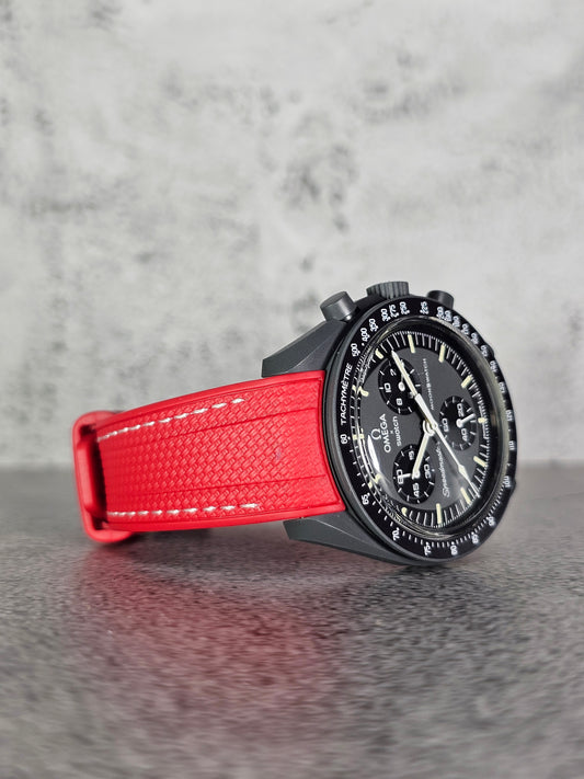 Rubber Curved Strap for Omega x Swatch MoonSwatch – Mission to Mercury – Red with White Stitch