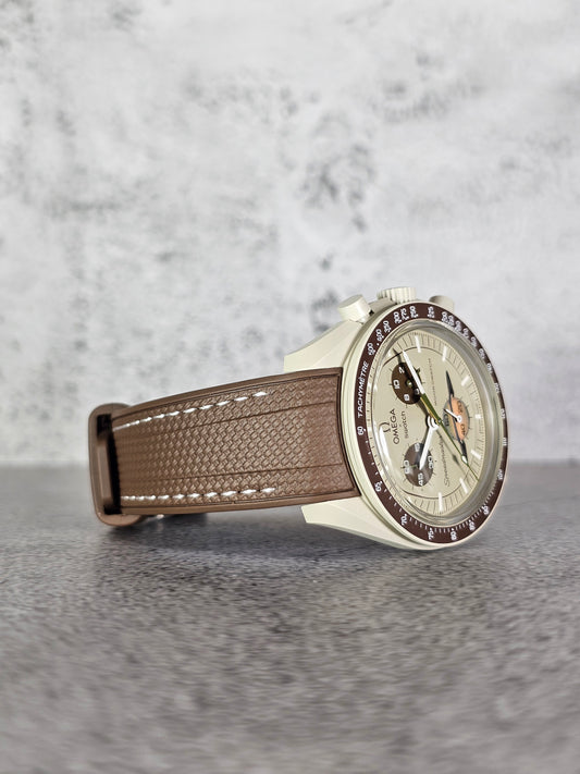 Rubber Curved Strap for Omega x Swatch MoonSwatch – Mission to Saturn – Brown with White Stitch