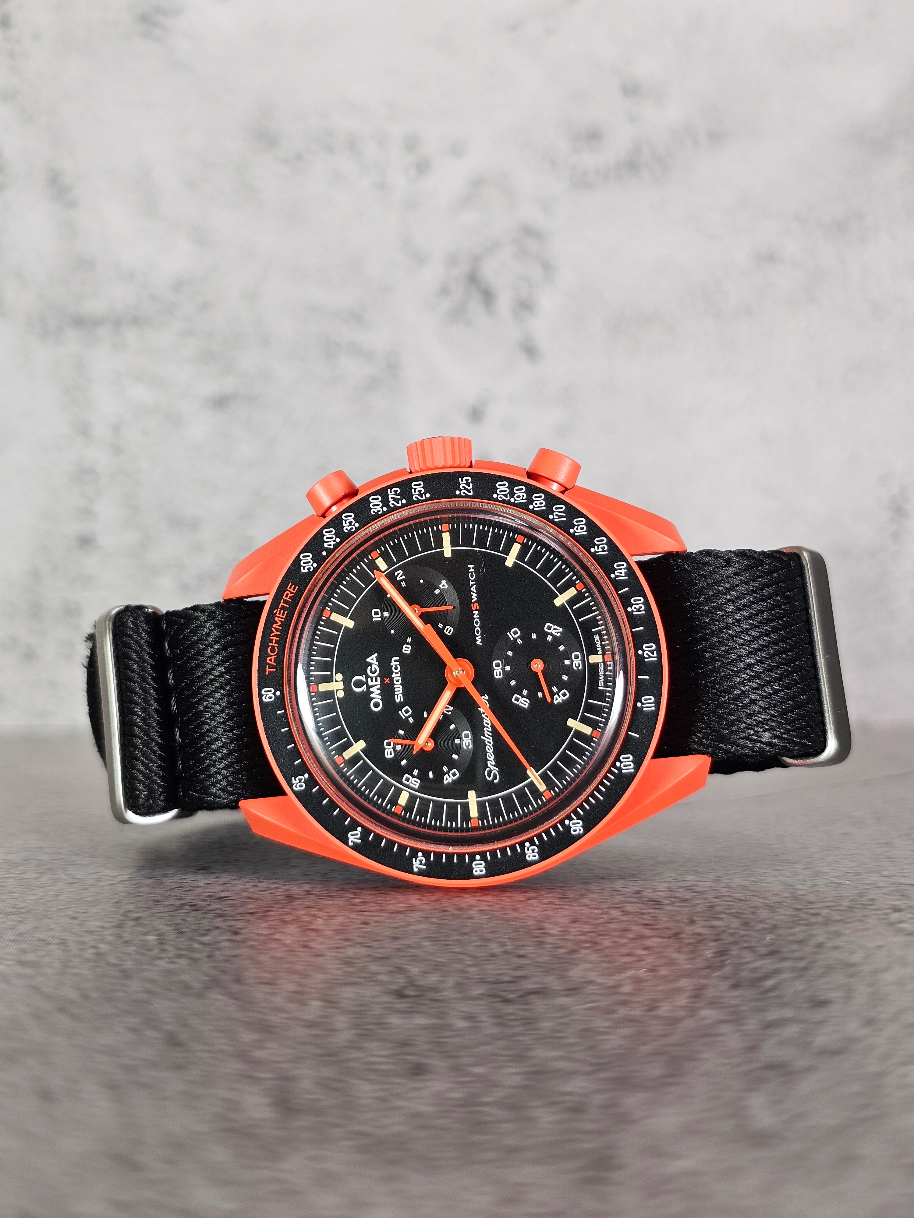 Omega X Swatch MoonSwatch Lava Strap: Rubber Woven - Black NATO – MGB  WATCHES