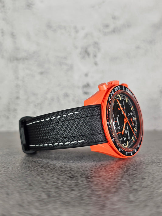Rubber Curved Strap for Omega x Swatch MoonSwatch – Mission on Earth: Lava – Black with White Stitch