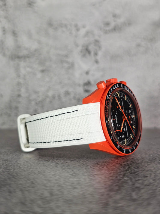 Rubber Curved Strap for Omega x Swatch MoonSwatch – Mission on Earth: Lava – White with Black Stitch