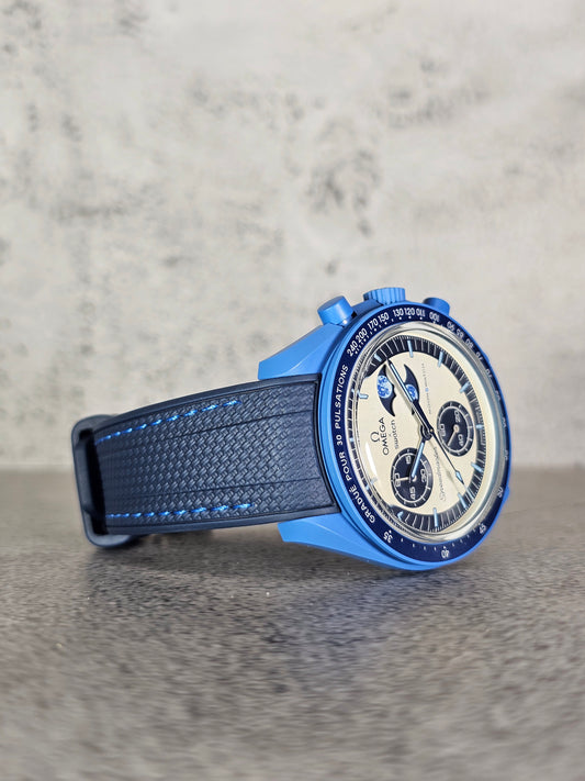 Rubber Curved Strap for Omega x Swatch MoonSwatch – Super Blue MoonPhase – Engraved Navy with Light Blue Stitch