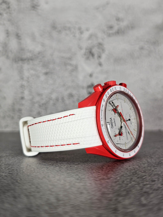 Rubber Curved Strap for Omega x Swatch MoonSwatch – Mission to Mars – White with Red Stitch