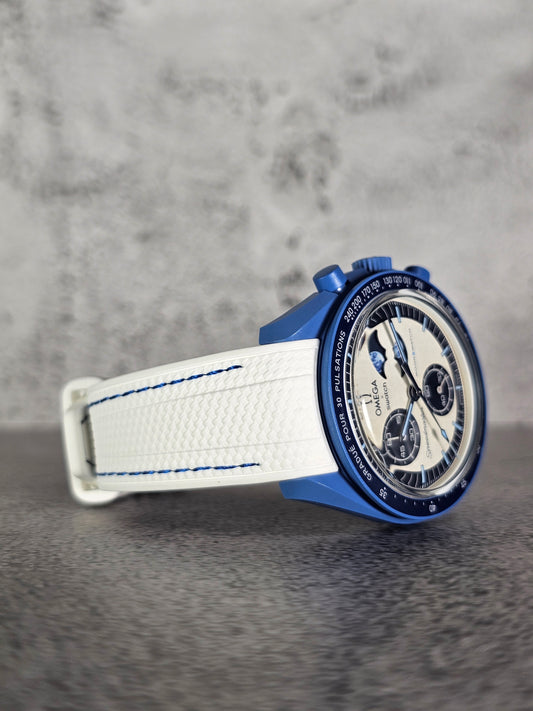 Rubber Curved Strap for Omega x Swatch MoonSwatch – Super Blue MoonPhase – White with Blue Stitch