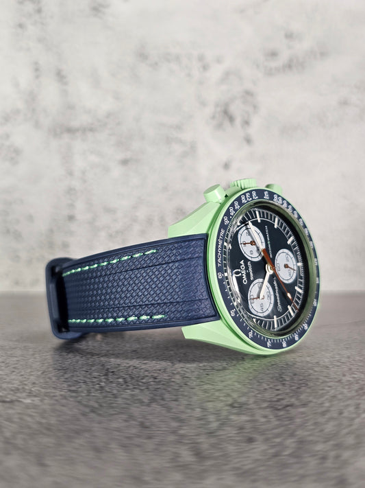 Rubber Curved Strap for Omega x Swatch MoonSwatch – Mission on Earth – Navy with Green Stitch