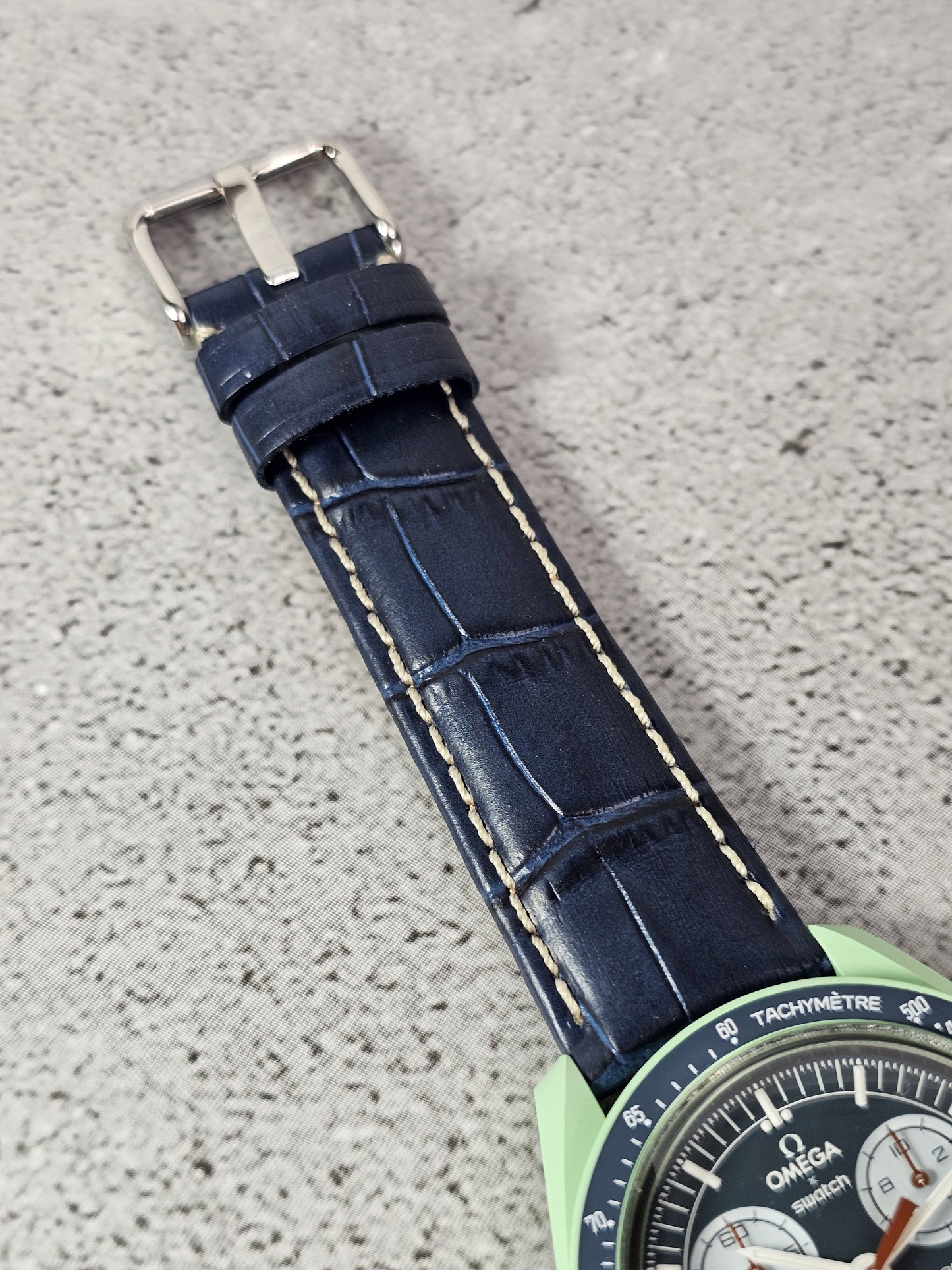 Omega X Swatch Earth MoonSwatch Strap: Stitched Embossed Alligator - Navy