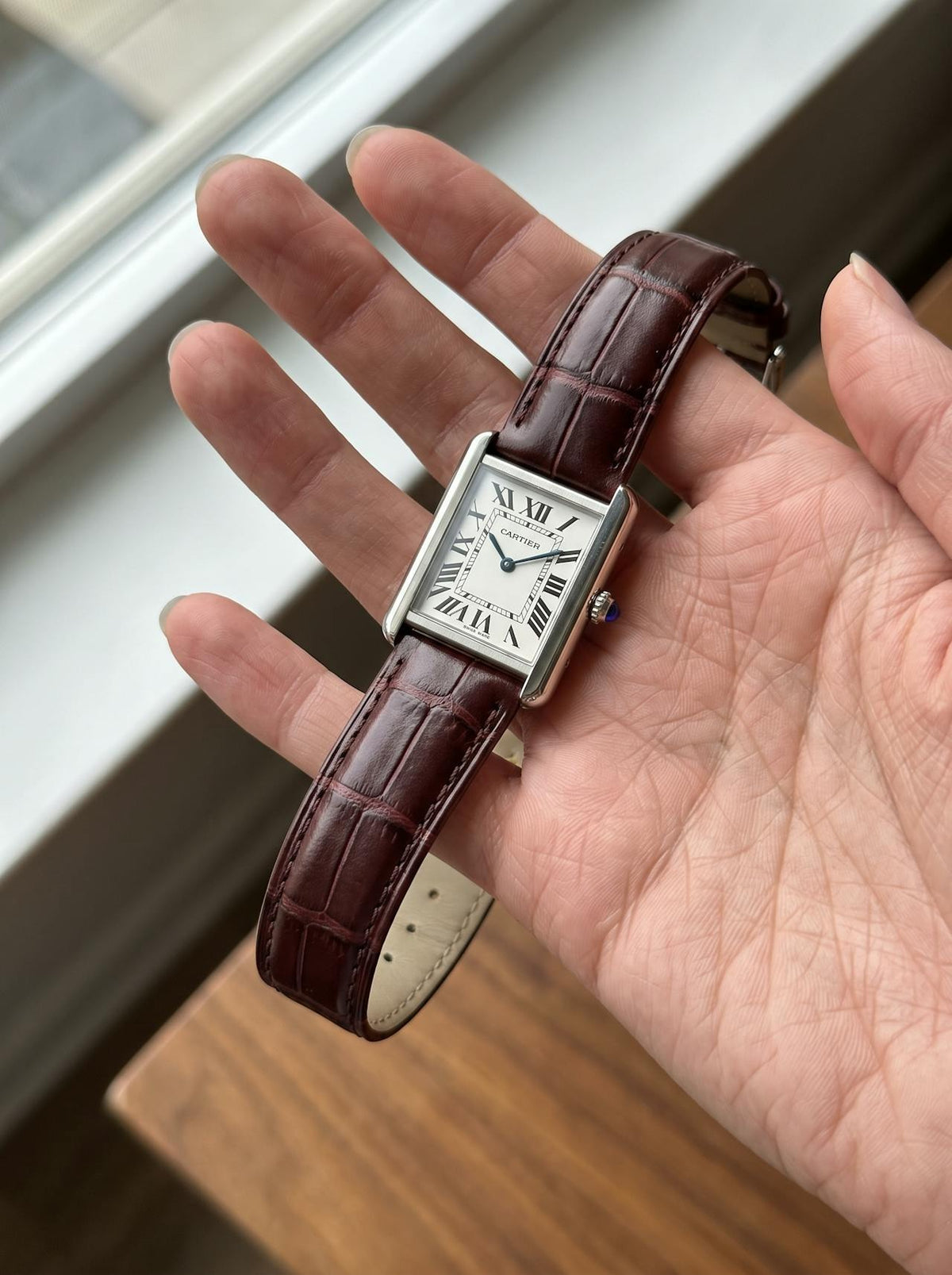 Cartier Tank Solo Small on a brown square alligator-grain leather strap, held in hand