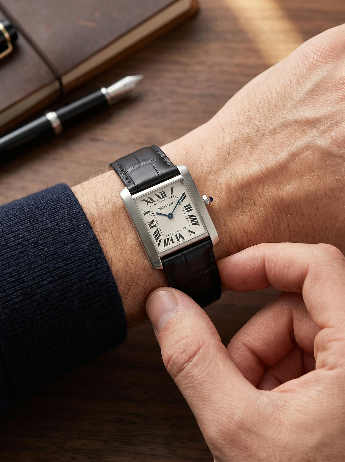 Cartier Tank Française on a black square alligator-grain leather strap, worn on the wrist