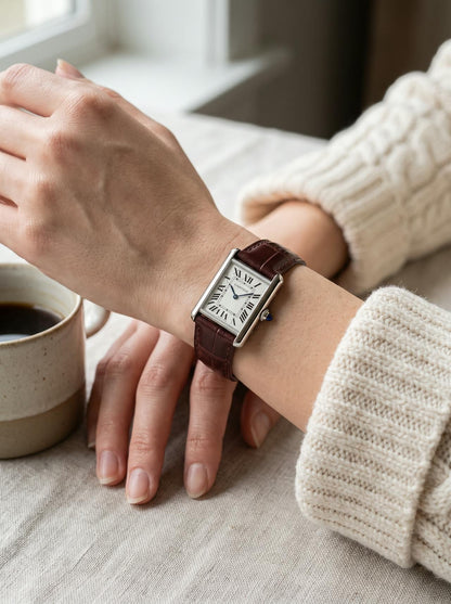 Cartier Tank Must Small on a brown square alligator-grain leather strap, worn on the wrist