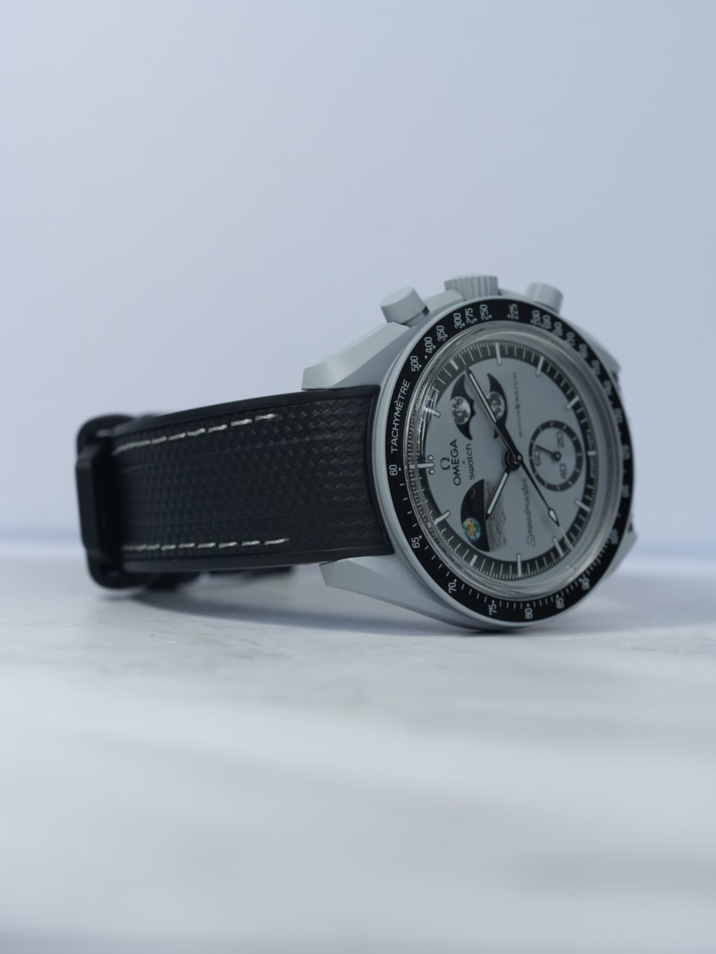 Omega X Swatch EarthPhase "Galileo" MoonSwatch Strap: Black & Grey Rubber Woven