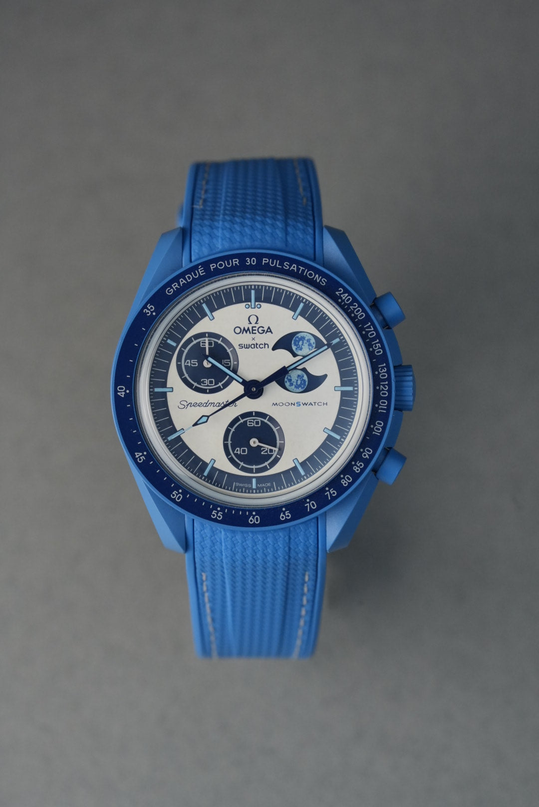 MoonSwatch Super Blue Moonphase Rubber Woven Strap — Blue with White Stitch