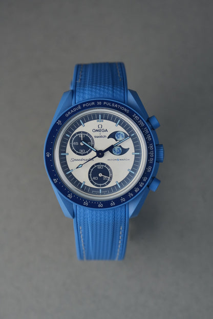 MoonSwatch Super Blue Moonphase Rubber Woven Strap — Blue with White Stitch