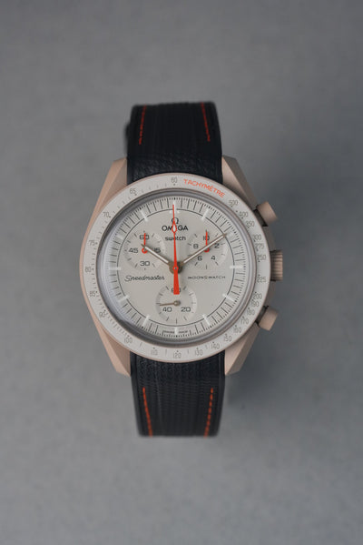 MoonSwatch Jupiter Rubber Woven Strap — Black with Orange Stitch