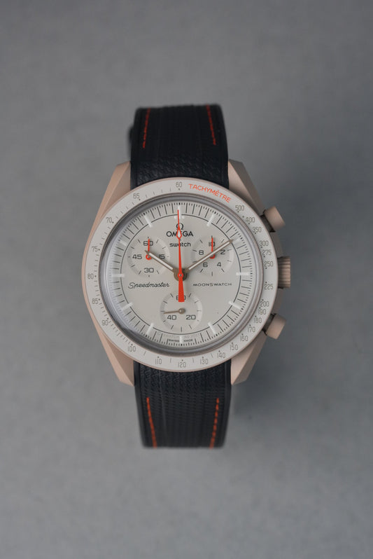MoonSwatch Jupiter Rubber Woven Strap — Black with Orange Stitch